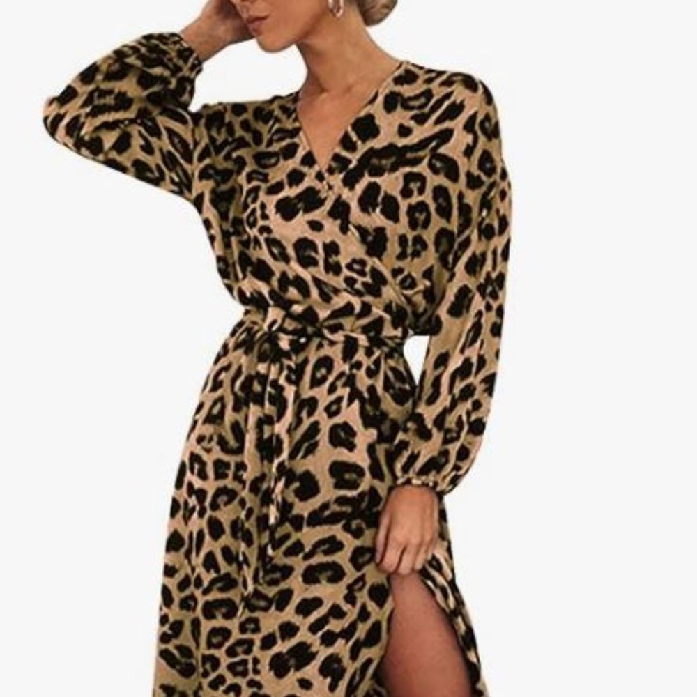 Women's Long Sleeve Faux Wrap V Neck Leopard Print Maxi